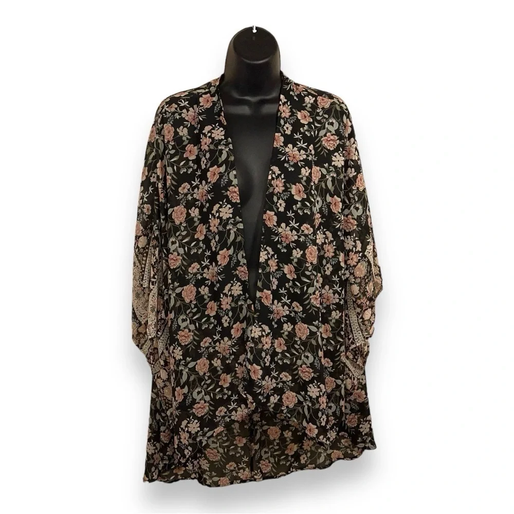 CL WALLFLOWER BLACK PINK KIMONO BLOUSE TOP OPEN FRONT FLOWY